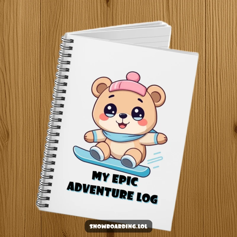 Funny notebook featuring a happy bear with wide eyes, snowboarding downhill, ready to inspire funny notes and winter plans.