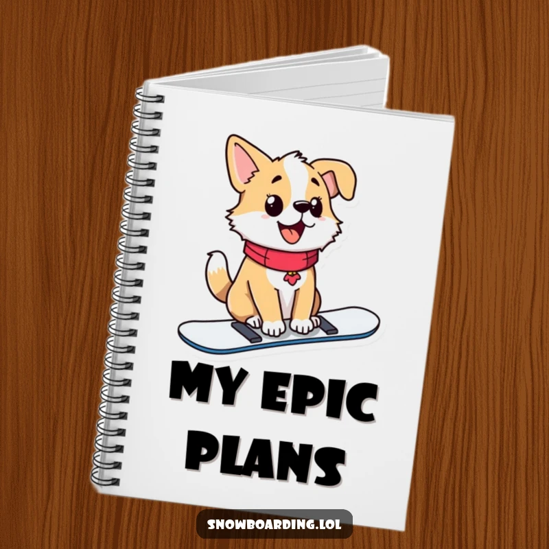 Funny notebook with a proud dog sitting upright on a snowboard, tail wagging with excitement.