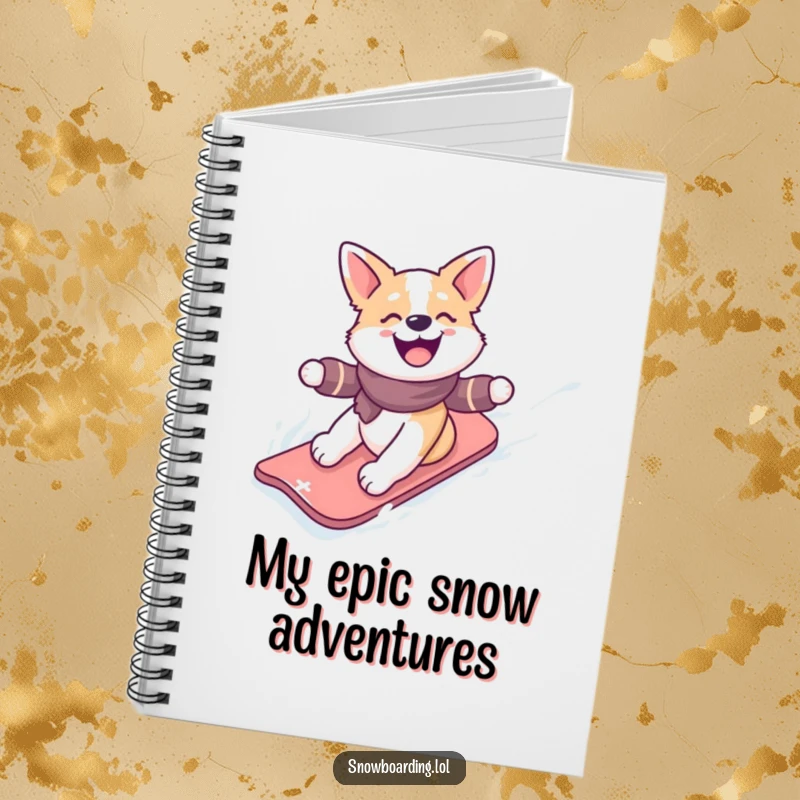 Funny notebook featuring a happy dog gleefully snowboarding down a snowy slope, ideal for planning winter adventures and ideas.