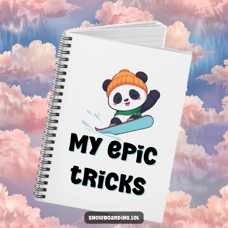 Funny panda snowboard notebook with a panda attempting a flip, perfect for jotting notes with a touch of humor and inspiration.