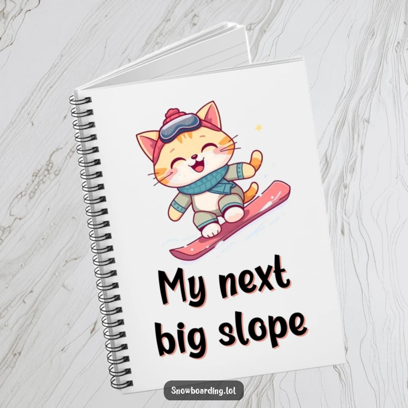 Funny snowboarding cat notebook, featuring a smiling cat carving down a snowy slope, perfect for jotting down ideas.