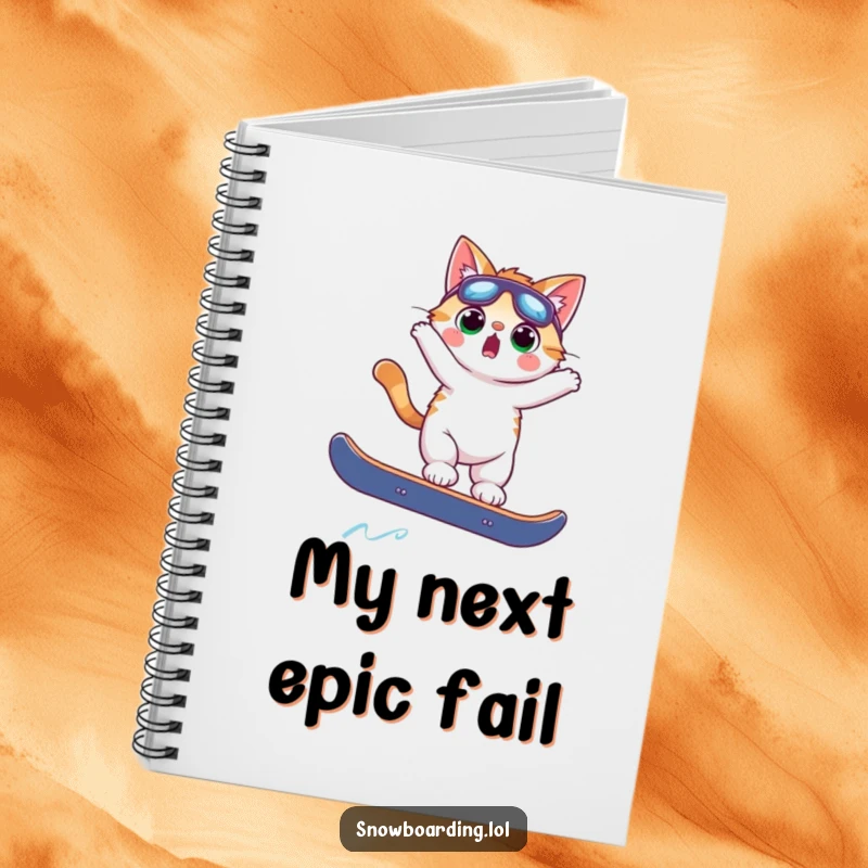 Funny surprised cat mid-air on a snowboard, ready to jot down notes, a humorous notebook cover for creative minds.