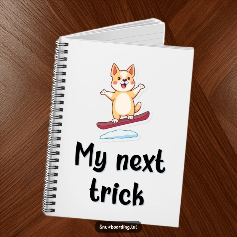 Funny notebook with a happy, dancing dog balancing on a snowboard, its tail wagging with pure enthusiasm.