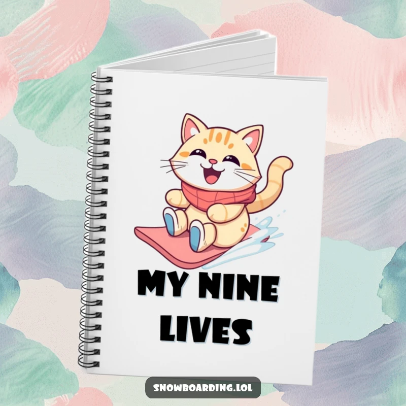 Funny grinning cat sliding on a snowboard with windblown fur on a notebook cover.