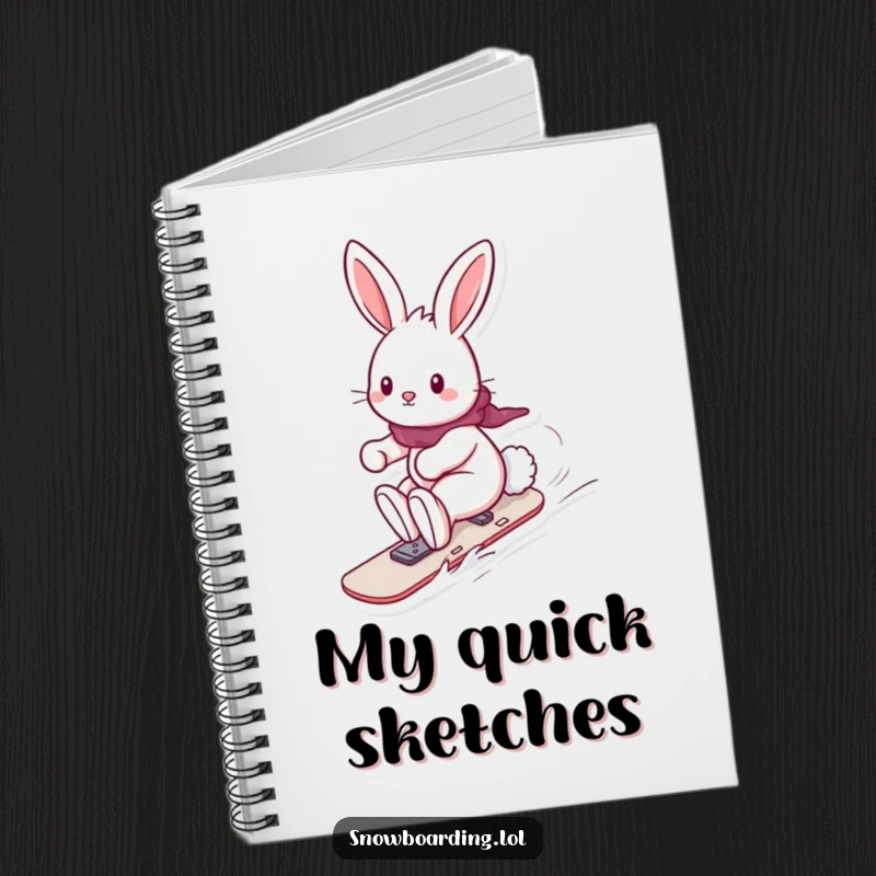 Funny notebook cover featuring a playful bunny snowboarding with its fluffy tail trailing, ideal for jotting down notes with a dose of cuteness.