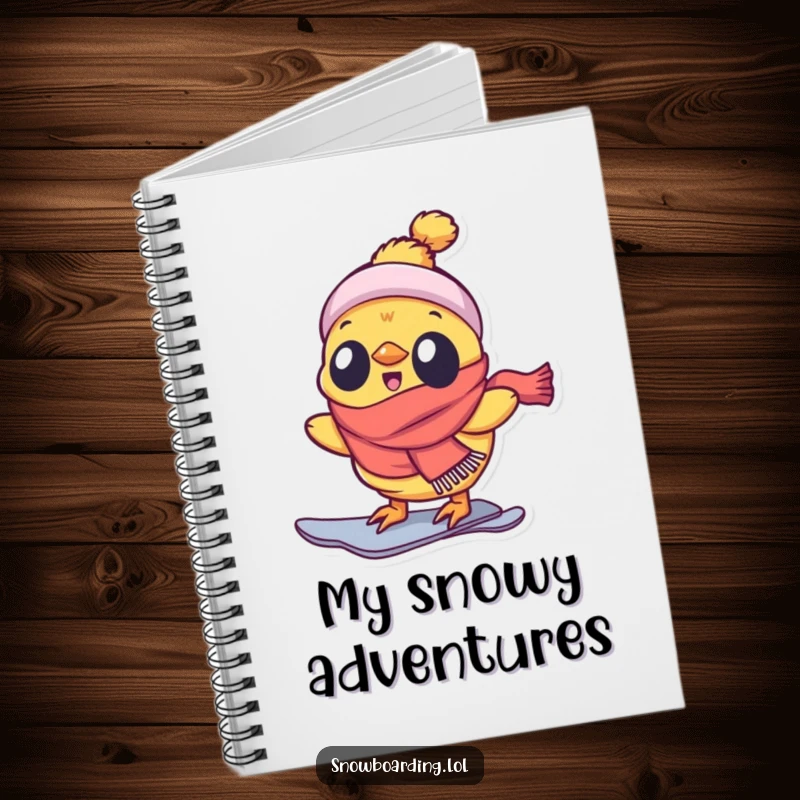Funny notebook with a delighted chick snowboarding enthusiastically, ready for exciting thoughts.