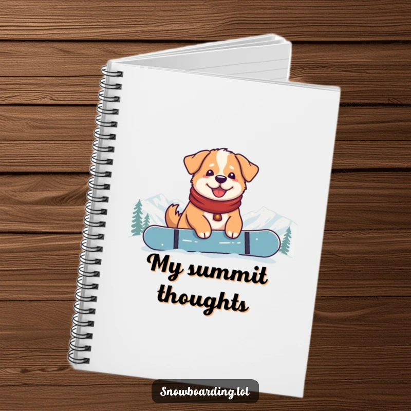 Funny Content Dog Snowboarder Notebook: A notebook featuring a relaxed dog sitting on a snowboard at the mountain top.