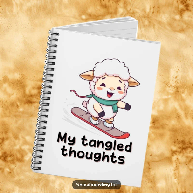 Funny giggling sheep awkwardly steering a snowboard, designed for note-taking in a humorous notebook.