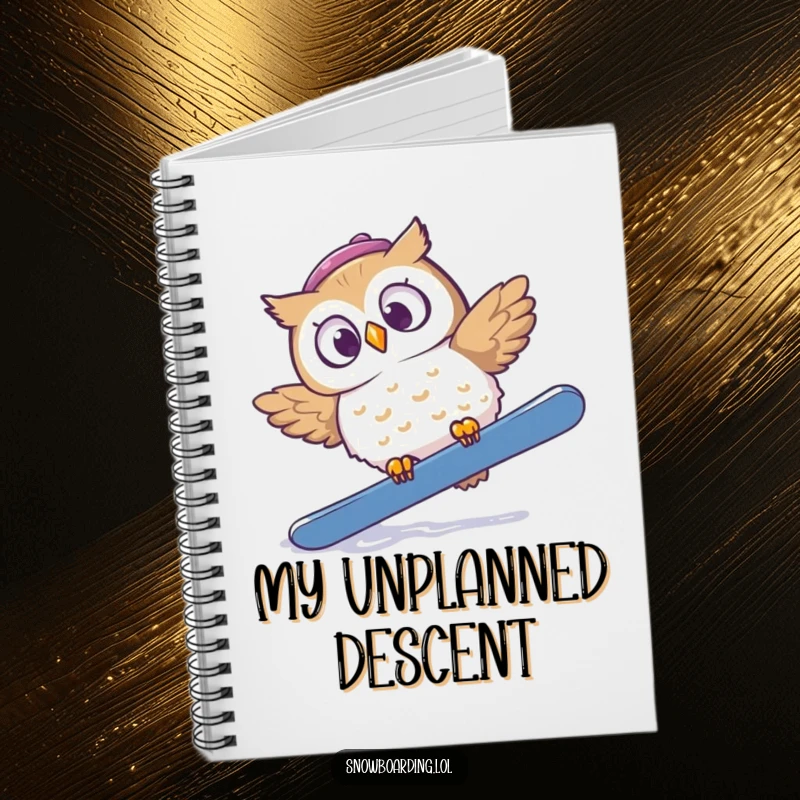 Funny notebook with a startled owl tumbling off a snowboard, looking comically surprised and wide-eyed.