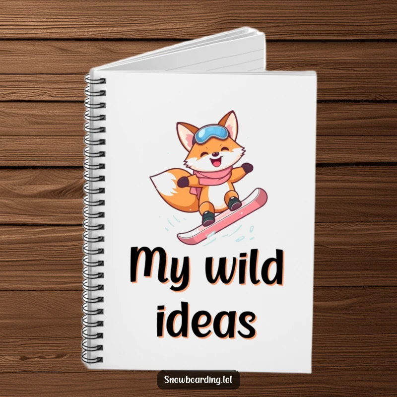 Funny happy fox attempting a flip on a snowboard on a notebook cover.