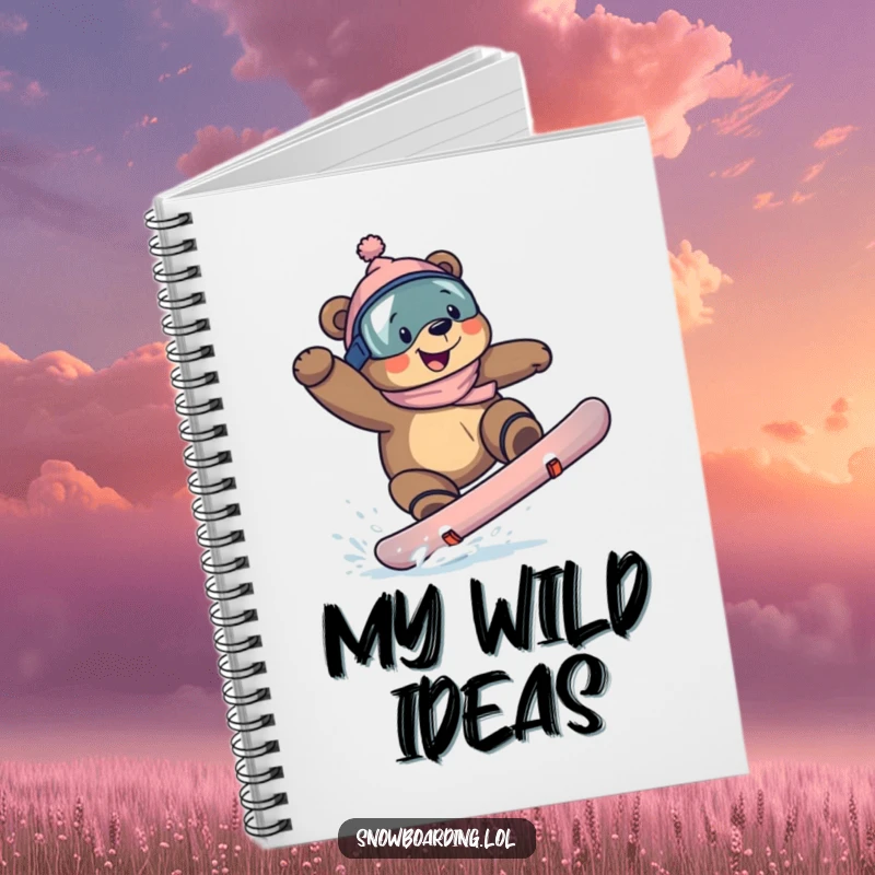 Funny bear snowboarding notebook, depicting a determined bear with a grin executing a landing on a snowboard.