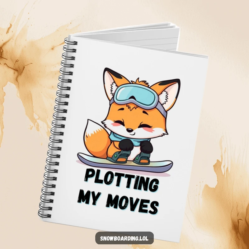 Funny curious fox checking snowboard bindings on a notebook design, inspiring clever and humorous entries for users.