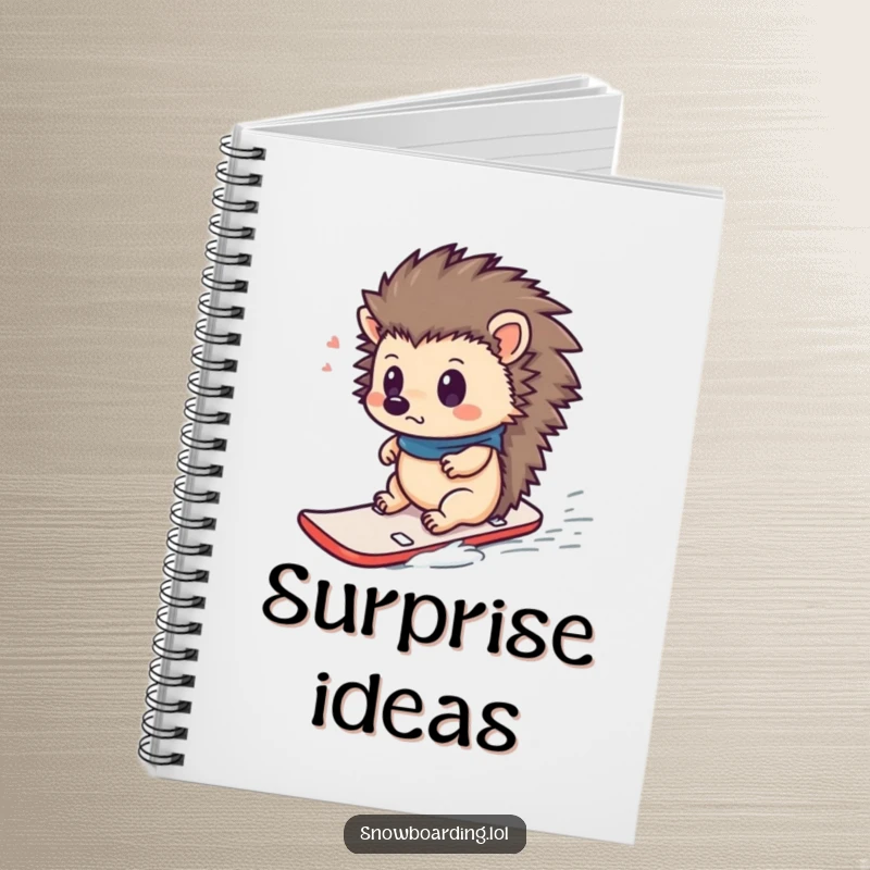 Funny notebook with a curious hedgehog looking surprised on a tiny snowboard, ideal for notes and humorous winter inspiration.