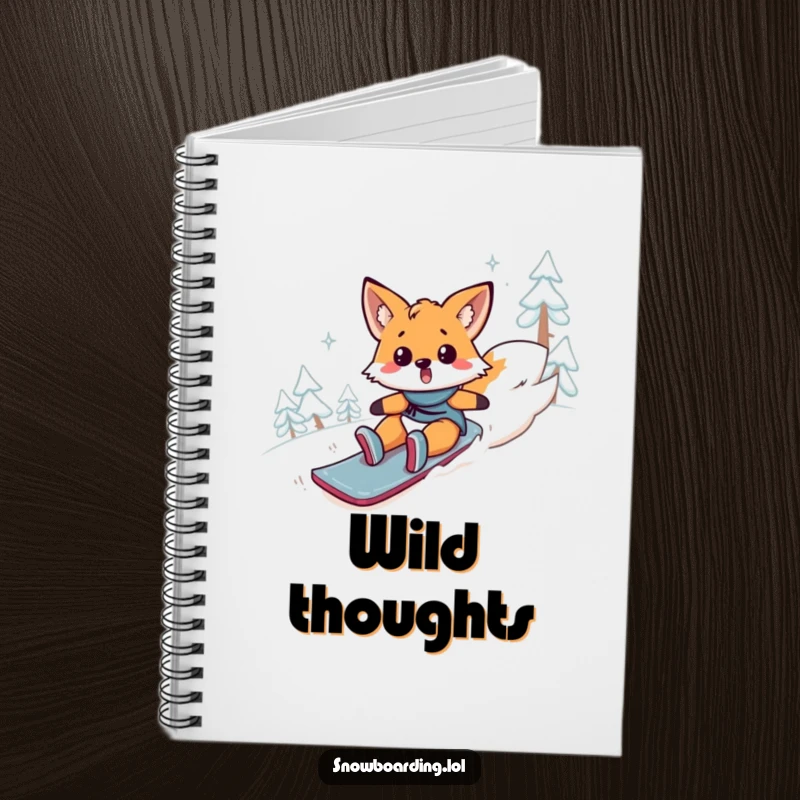 Funny fox notebook, a surprised animal comically tumbling down a snowy mountain. For jotting down ideas. Humorous stationery.