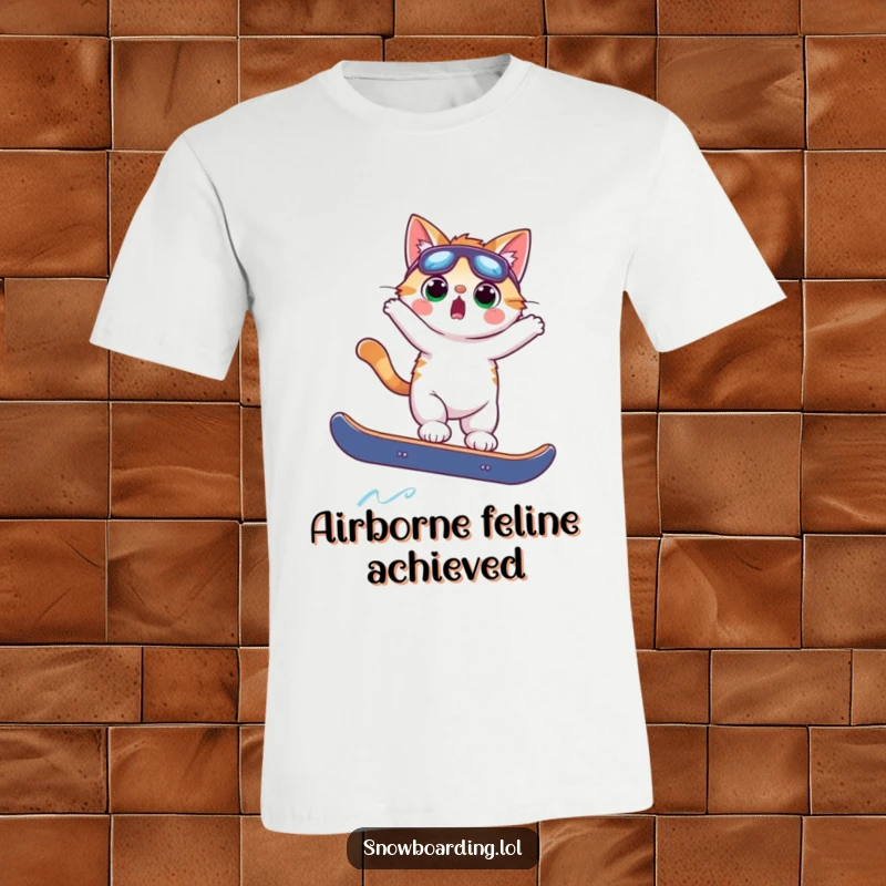 Funny surprised cat caught mid-air on a snowboard, eyes wide with shock, conveying pure feline panic and humor.