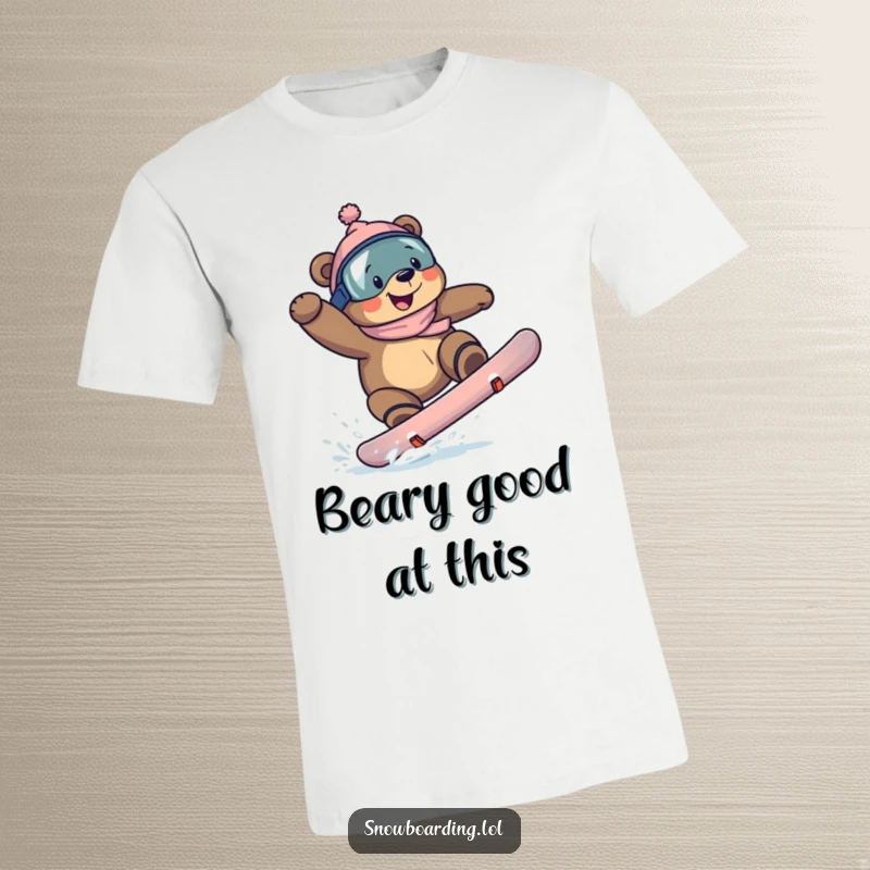 Funny bear snowboarding t-shirt, a grinning bear executing an impressive trick mid-air with focused determination.