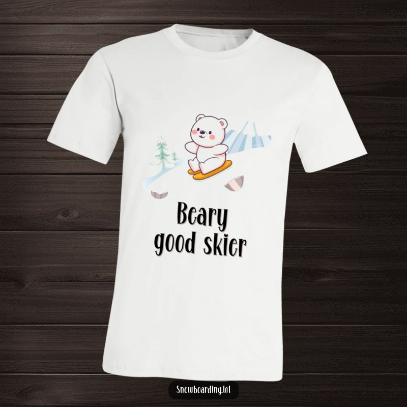 Funny t-shirt showing a happy bear smoothly snowboarding down a snowy mountain, capturing the exhilaration of winter.