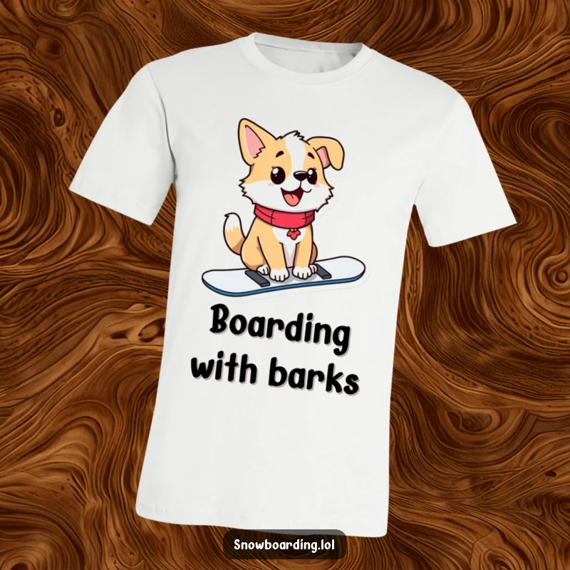 Funny t-shirt featuring a proud dog sitting majestically on a snowboard, tail wagging joyfully.
