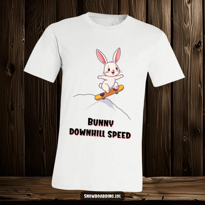 Funny t-shirt depicting a bouncing bunny precariously riding a board downhill, embodying energetic and amusing adventure.
