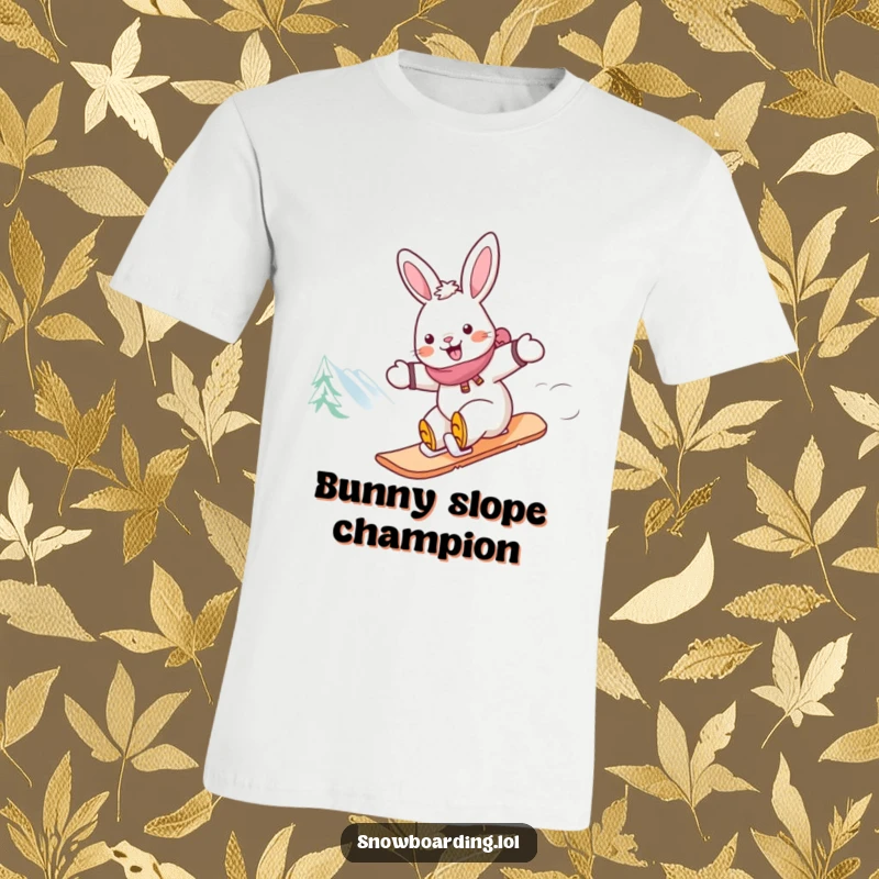 Funny rabbit snowboarding t-shirt, a cheerful rabbit racing down a snow-covered mountain on a snowboard with great speed.