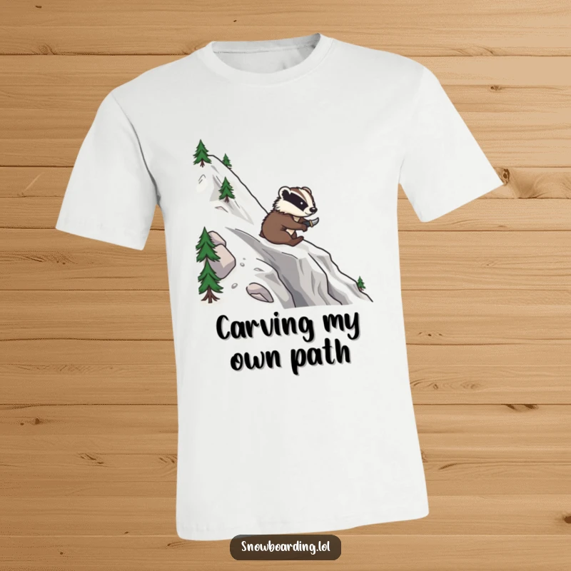 Funny t-shirt depicting a brave badger skillfully snowboarding down a mountain, carving smooth, confident turns.