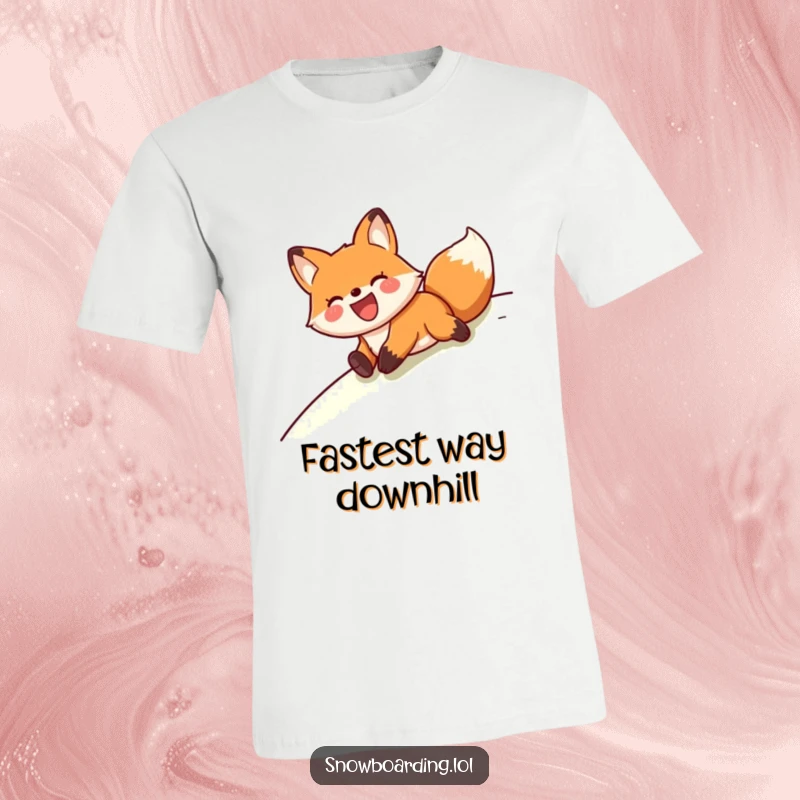 Funny, joyful fox sliding gleefully on its belly down a grassy or snowy slope on a t-shirt.