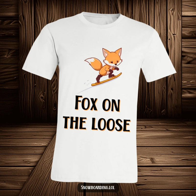 Funny snowboarding fox t-shirt, captured mid-air during a swift, determined descent down a pristine white ski slope.