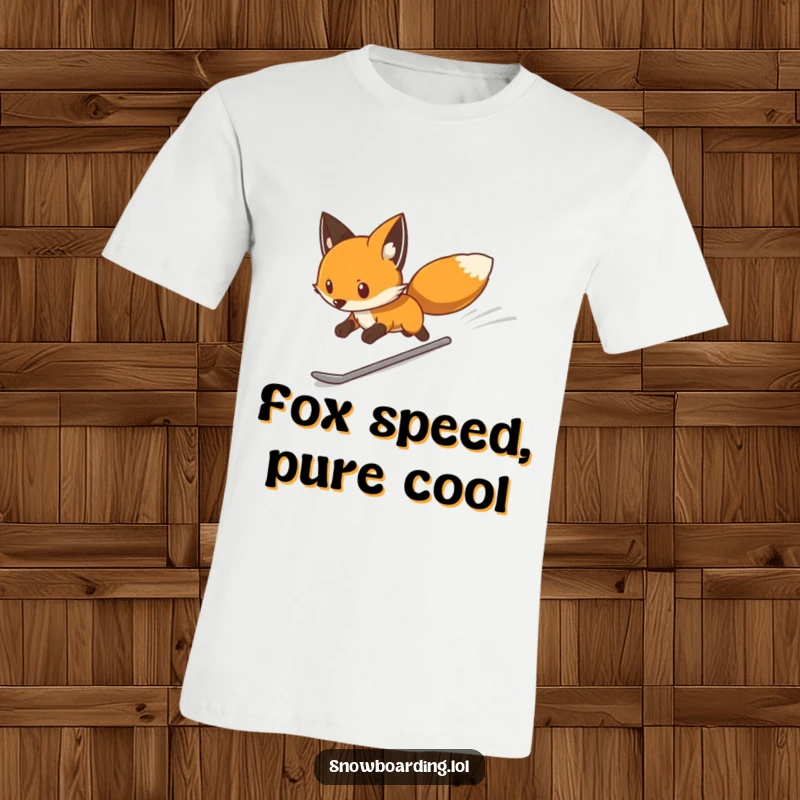 Funny t-shirt showcasing a determined fox gracefully snowboarding down a white slope with speed and precision, a sleek winter sports design.