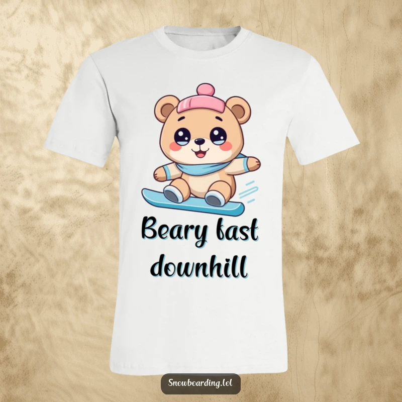 Funny t-shirt showing a happy bear with wide, excited eyes, snowboarding downhill with hilarious, uncontainable glee.