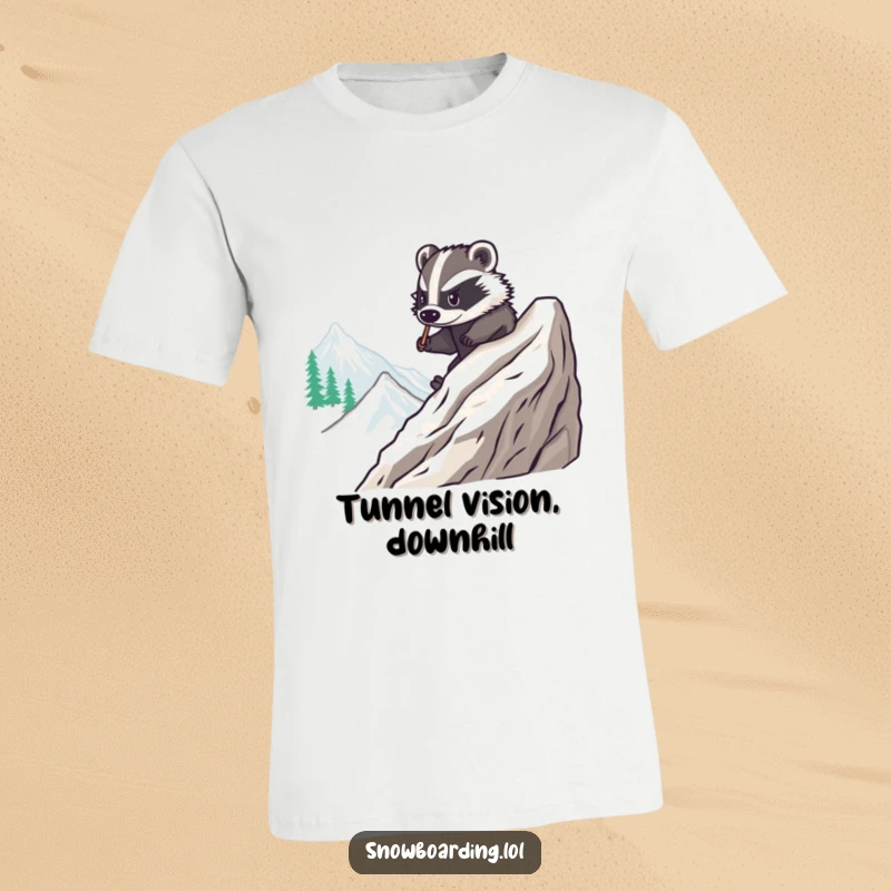 Funny t-shirt showcasing a brave badger skillfully carving down a mountain slope on a snowboard, a depiction of smooth winter sports prowess.