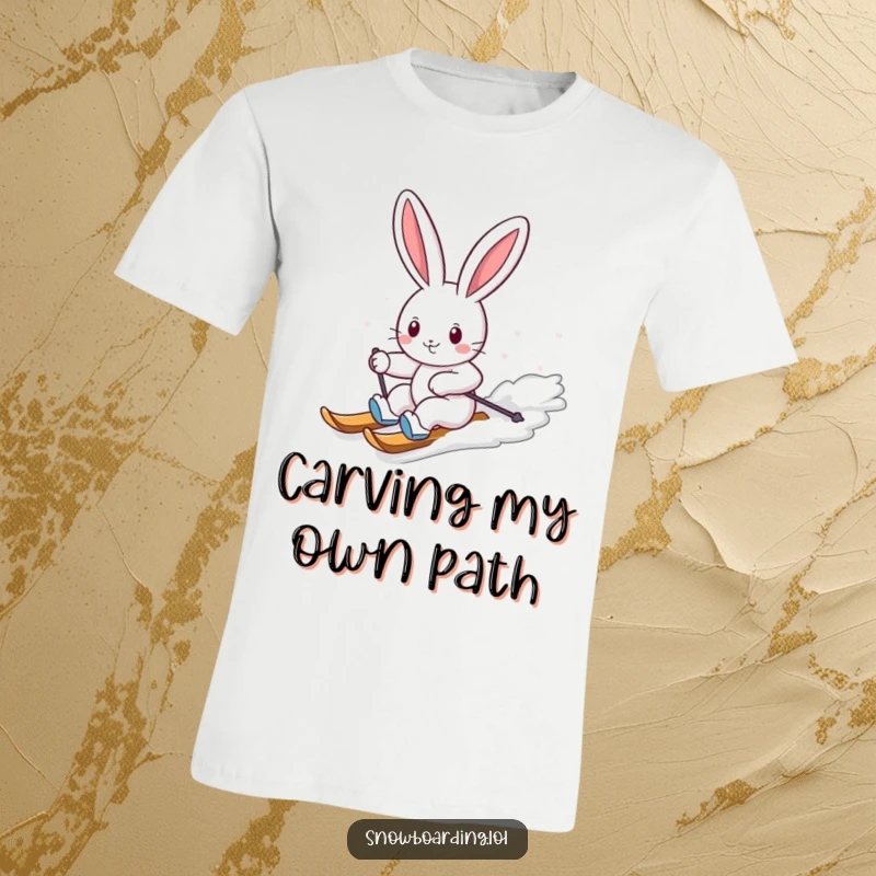 Funny t-shirt depicting a cheerful bunny gracefully carving down a snowy slope on a snowboard with a happy, energetic vibe.