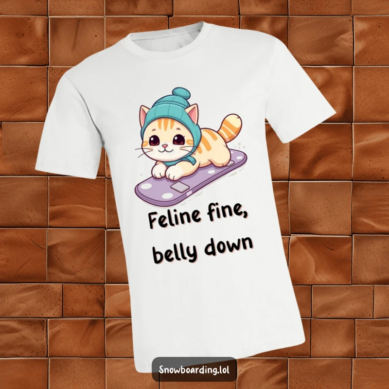 Funny t-shirt depicting a curious cat hilariously sliding on its belly down a snowy slope on a snowboard with a focused, funny look.
