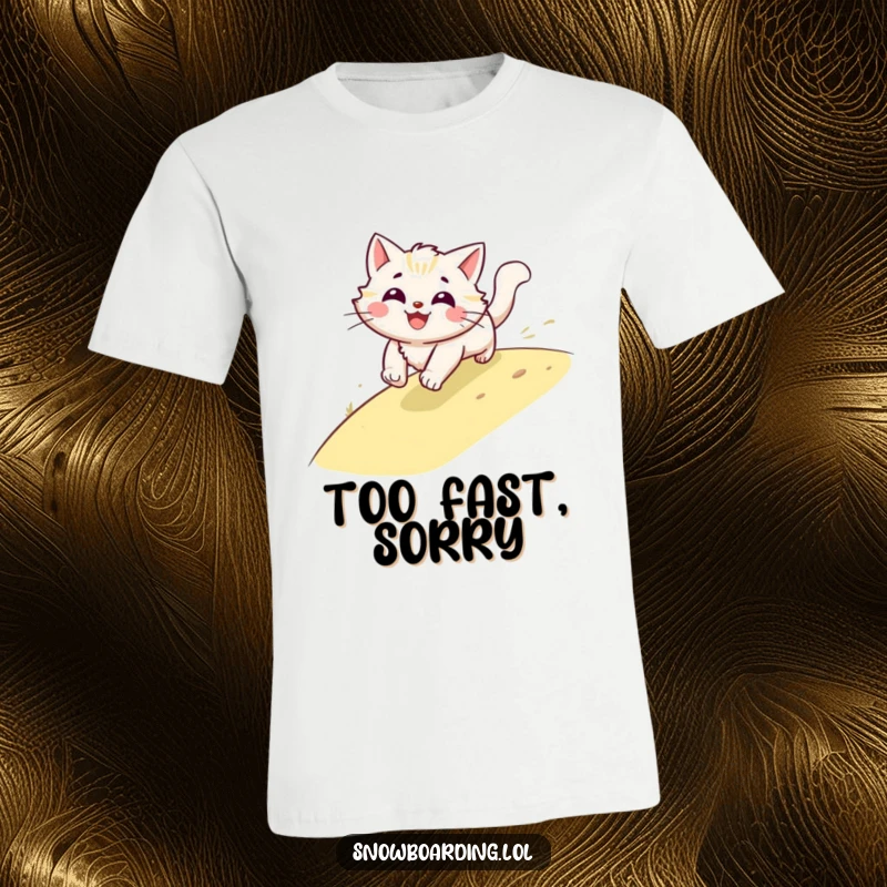 Funny cat t-shirt, smiling and a blur of fur speeding downhill, representing the fast-paced antics of beloved pets.