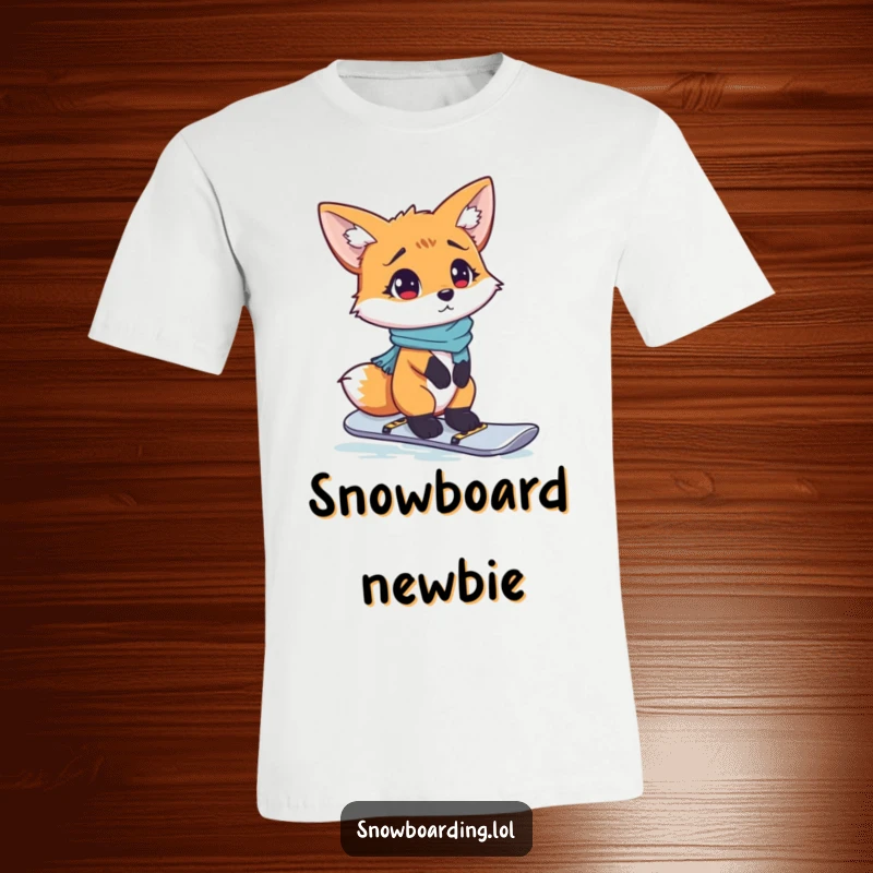 Funny t-shirt featuring a curious fox looking utterly bewildered while attempting to stand on a snowboard.