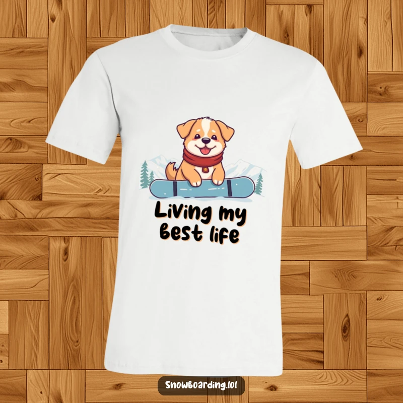 Funny Content Dog Snowboarder T-Shirt: A contented dog sitting peacefully on a snowboard at the mountain summit.