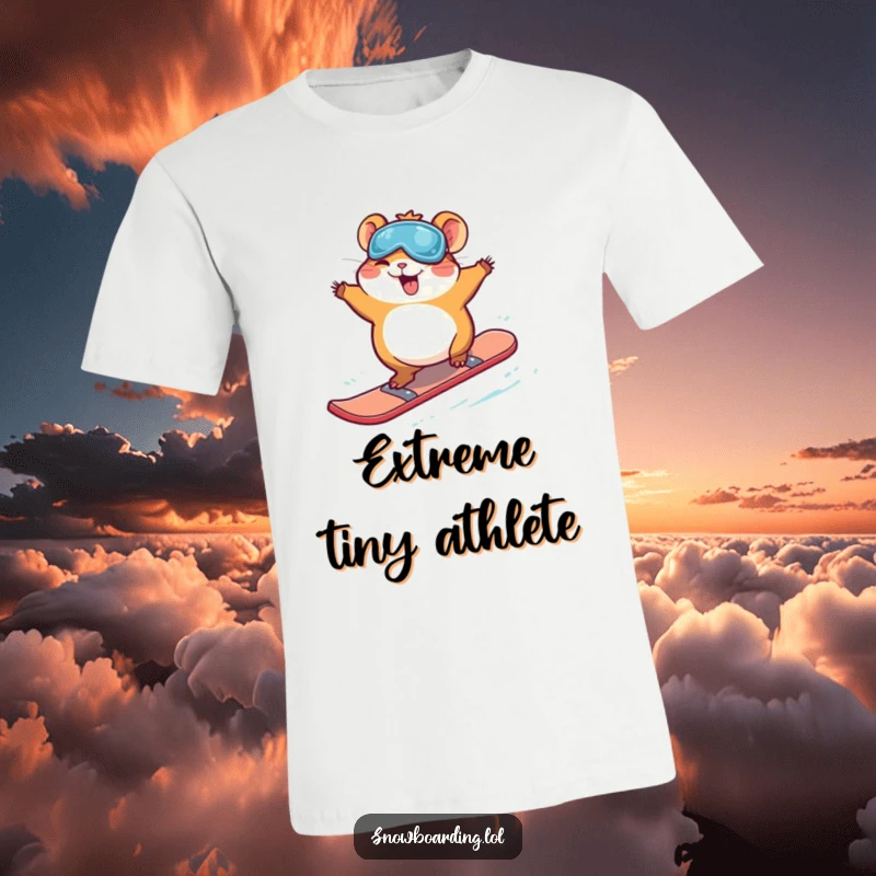 Funny giggling hamster performing a playful jump on a snowboard, radiating joy and winter adventure in a wearable tee.