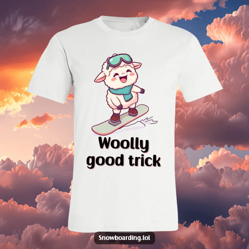 Funny t-shirt featuring a joyful, giggling sheep comically attempting to stay upright on a snowboard. Great for ski lovers.