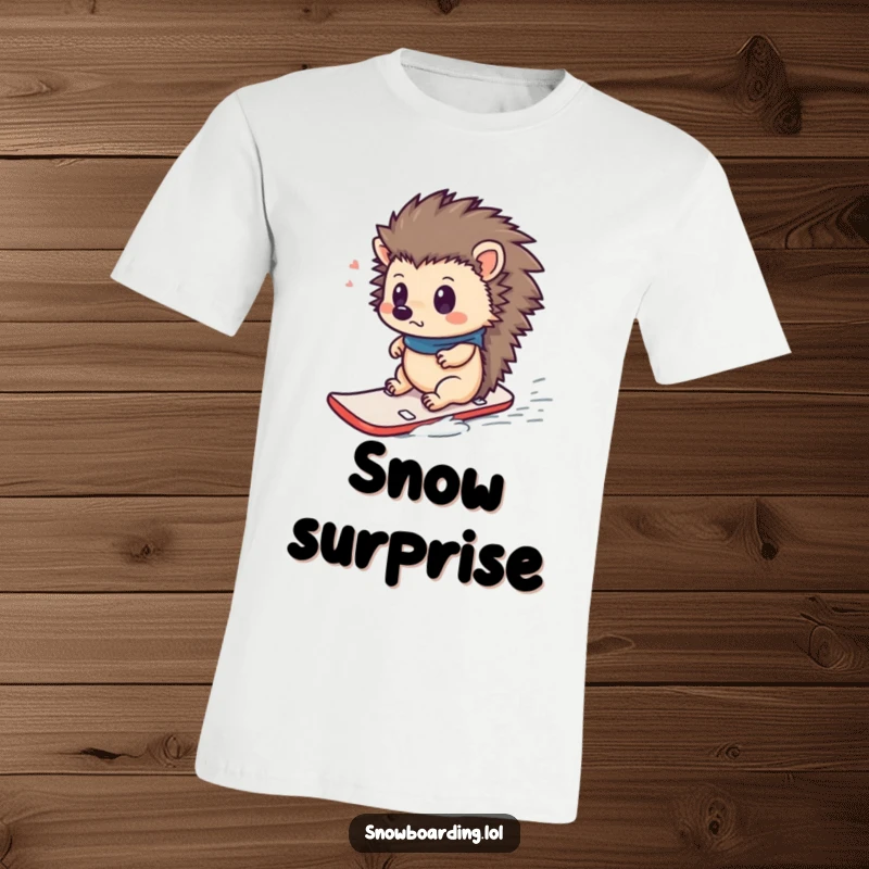 Funny t-shirt with a curious hedgehog looking surprised while riding a small snowboard, conveying a sense of unexpected winter fun.
