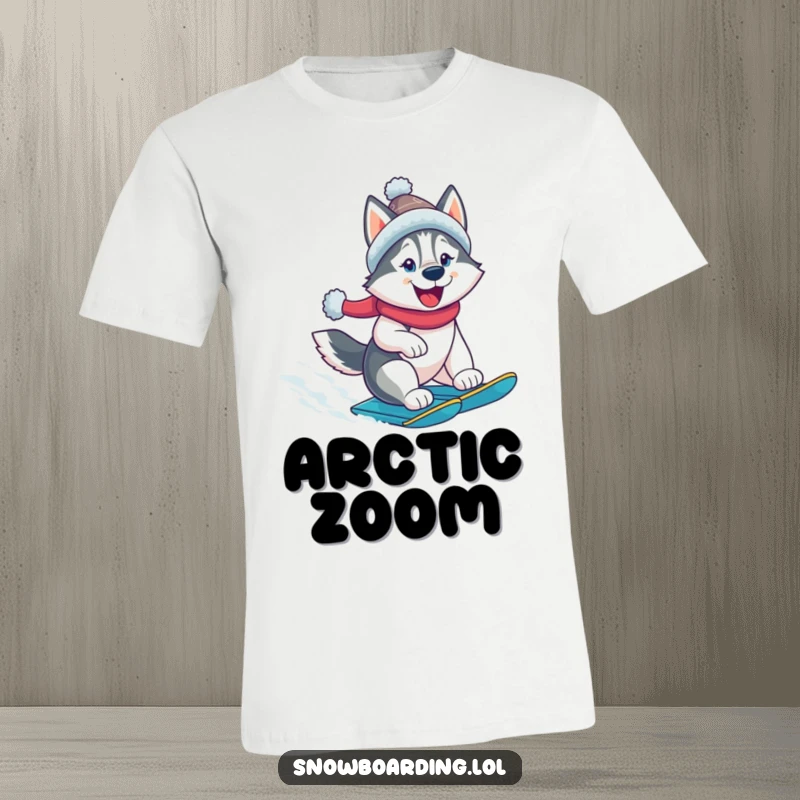 Funny husky snowboarder t-shirt, a cheerful dog in a winter hat on a snowboard, carving down a snowy mountain. Energetic and cool.
