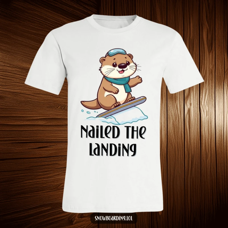 Funny T-Shirt: A proud otter executes a small snowboard jump, looking triumphant against a snowy backdrop.