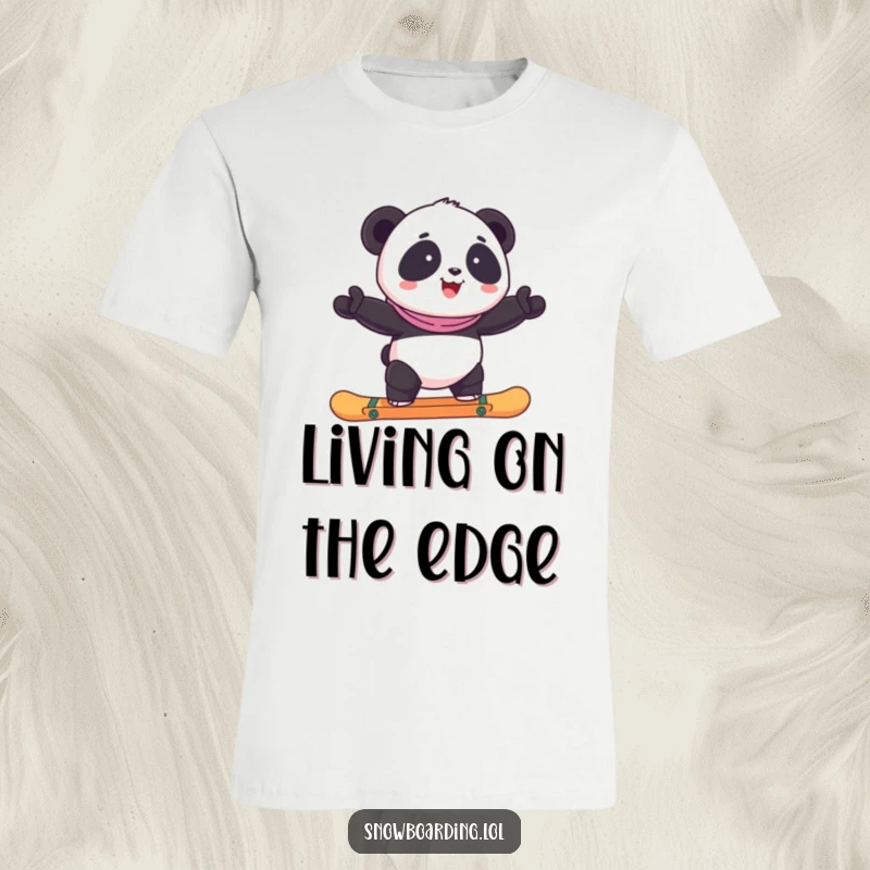 Funny happy panda struggling to balance on a snowboard, creating a comical scene on a t-shirt.