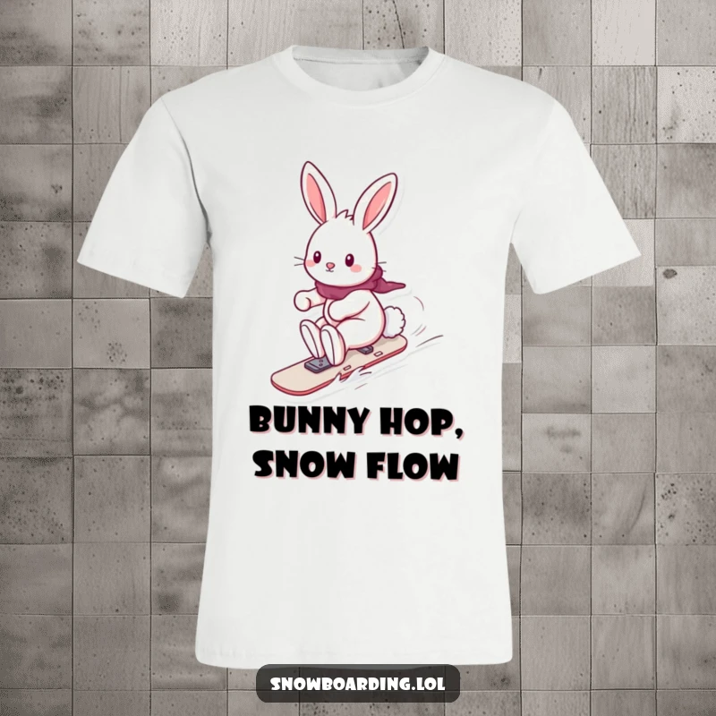 Funny t-shirt featuring a playful bunny riding a snowboard with its fluffy tail streaming behind, a delightful and humorous winter sports graphic.