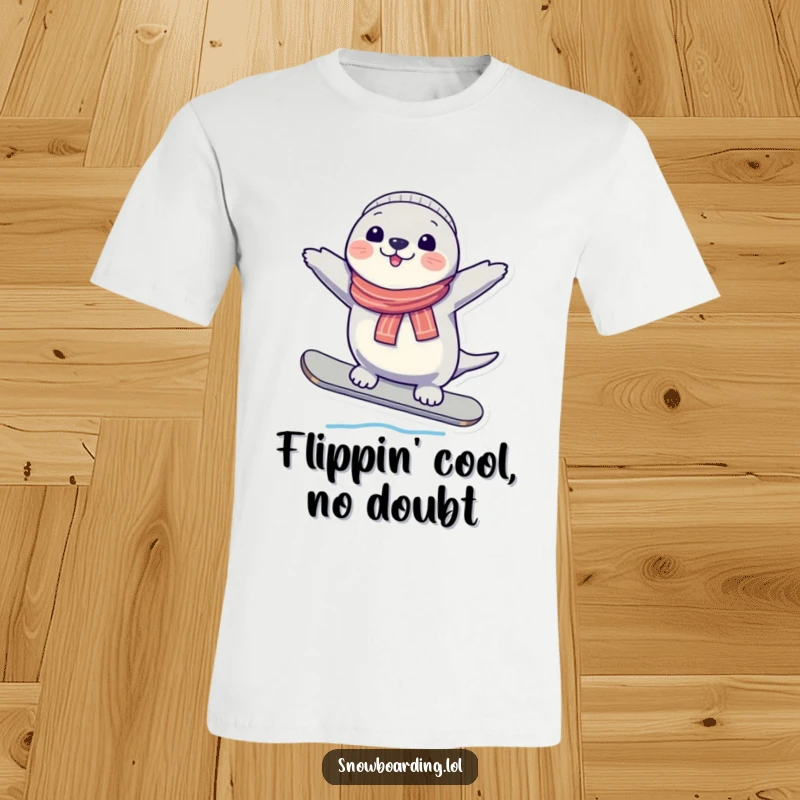 Funny Seal T-Shirt, showing a cheerful character effortlessly balancing on a snowboard, perfect for winter sports enthusiasts.