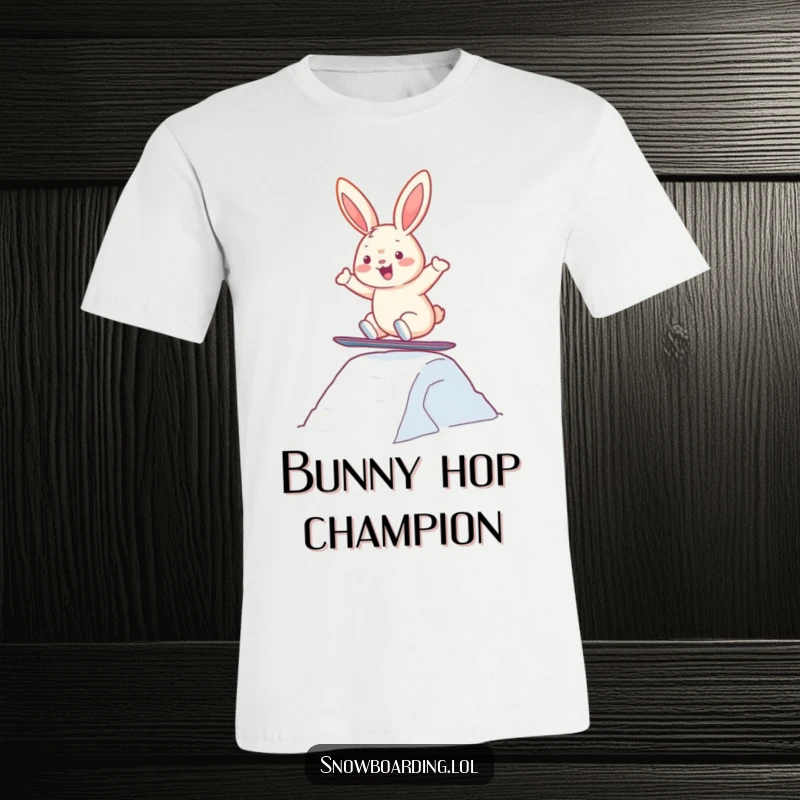 Funny t-shirt with a cheerful bunny expertly snowboarding and jumping over a snow obstacle, full of winter excitement.