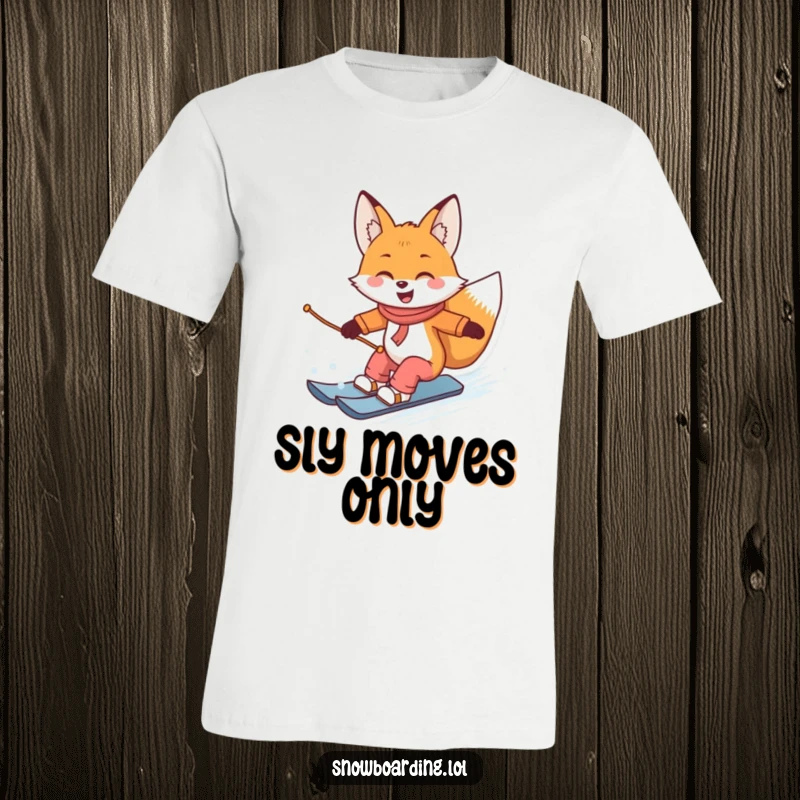 Funny t-shirt showcasing a smiling fox expertly carving sharp turns on a snowboard, exuding confidence and winter skill.