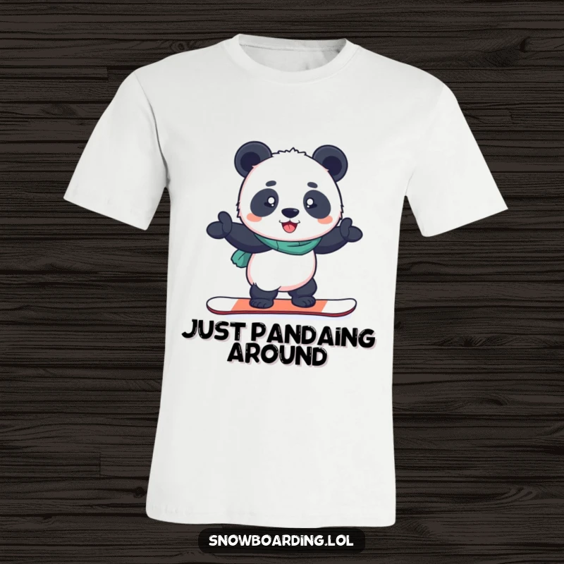 Funny t-shirt with a determined panda balancing confidently on a snowboard, wearing a proud grin, embodying winter spirit.