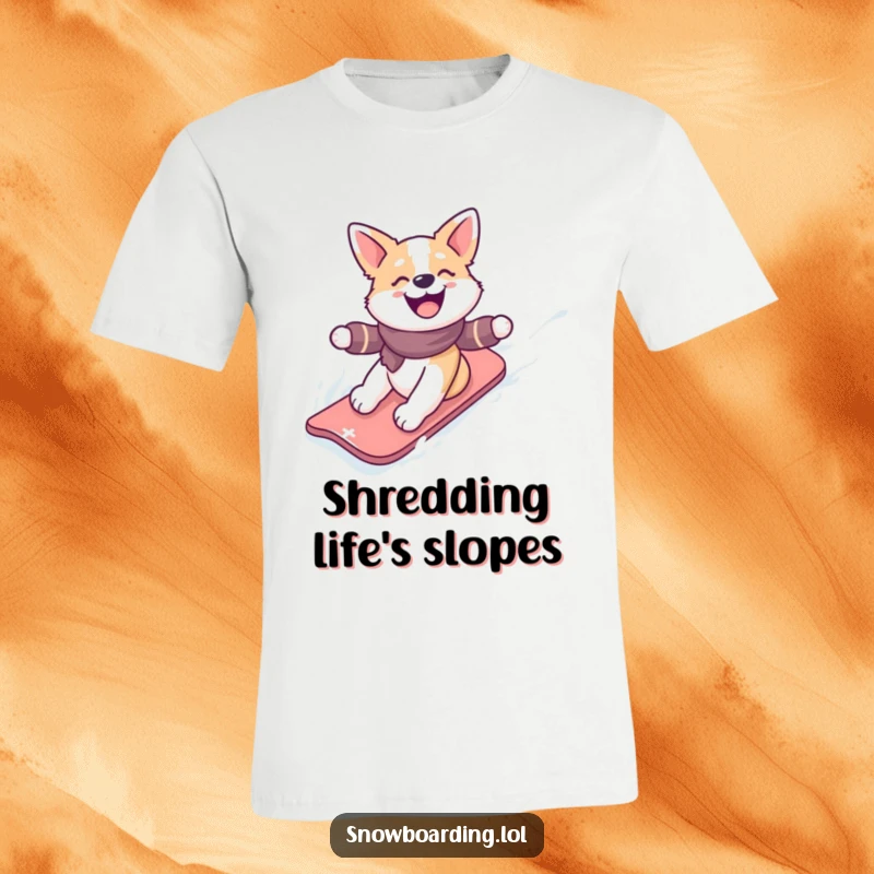 Funny t-shirt displaying a happy dog gleefully snowboarding down a snowy slope, radiating pure winter excitement and fun.
