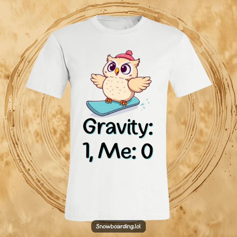 Funny t-shirt featuring a startled owl hilariously falling off a snowboard, eyes wide with surprise, perfect for clumsy winter sports fans.