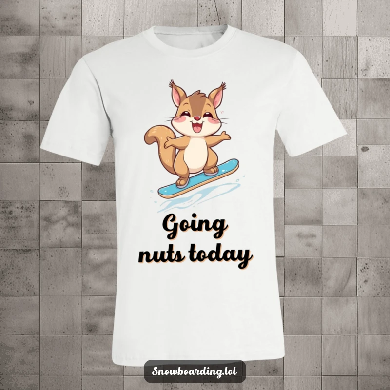 Funny Giggling Squirrel Snowboarder T-Shirt: A happy squirrel mid-jump on a tiny snowboard, full of energy and humor.