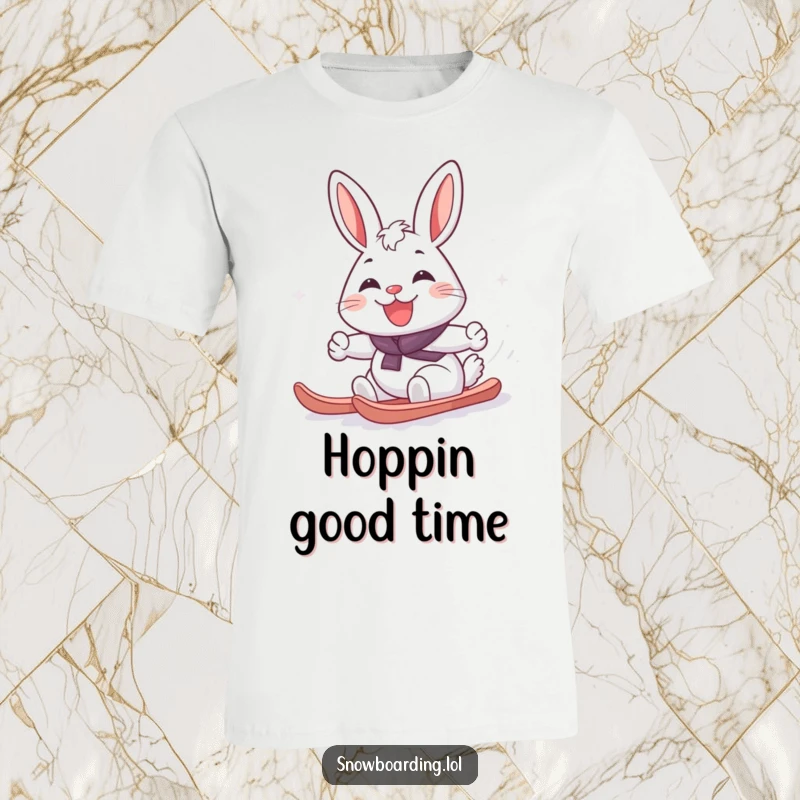 Funny cheerful rabbit with a wide grin carving a snowboard turn in the snow, a humorous tee for winter lovers.